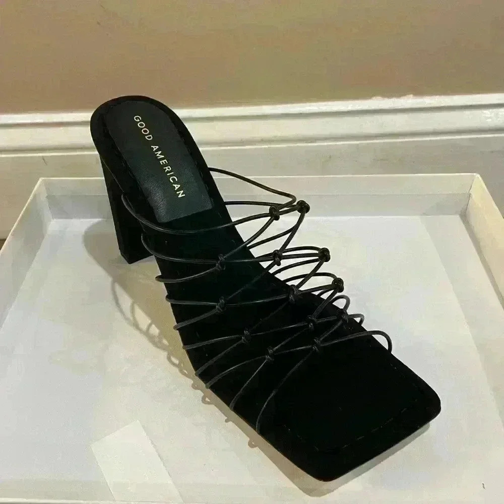 Good American sandals slip on caged black heels made in Spain. 8.5. New